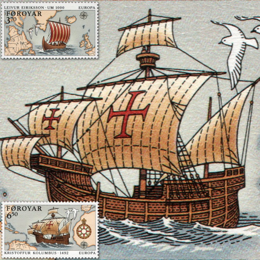 Filatelistyka, Wyspy Owcze 1992: Mapa Statki Kolumb EUROPA CEPT